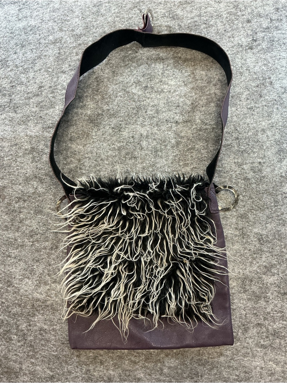 Michelle Ciel Faux Fur Front Crossbody Bag in Black and Deep Plum